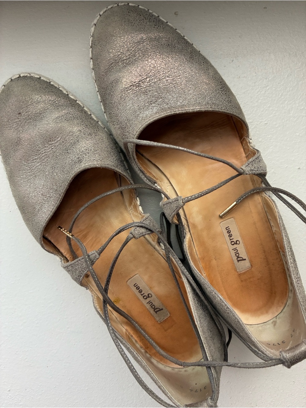 Paul Green Metallic Gray Lace-Up Espadrille Flats